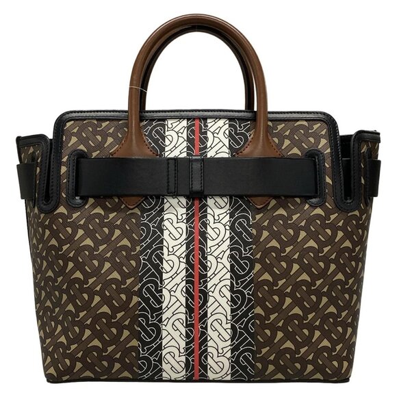 Auth BURBERRY LONDON ENGLAND Canvas Monogram Stripe Belt Tote Beige Dark Brown - Picture 2 of 16
